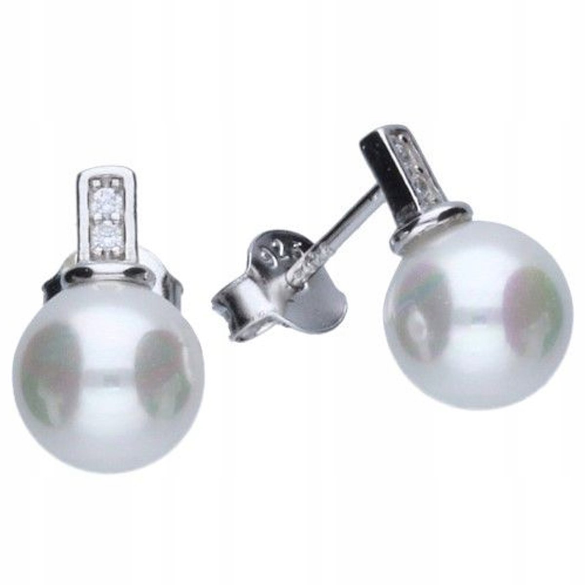 Srebrne kolczyki 925 na sztyfcie z perłą i cyrkoniami eleganckie na prezent