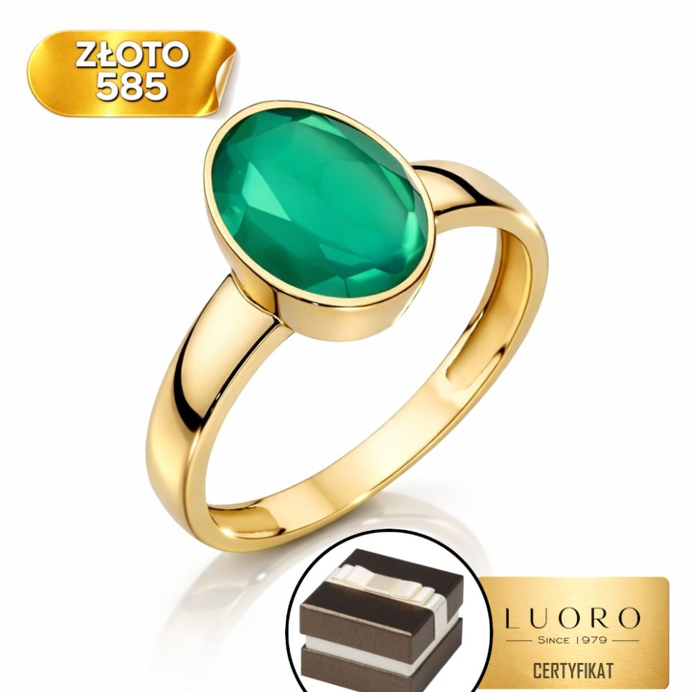 PIERŚCIONEK ZŁOTY 585 14K Z NATURALNYM ZIELONYM AGATEM ELEGANCKI R12