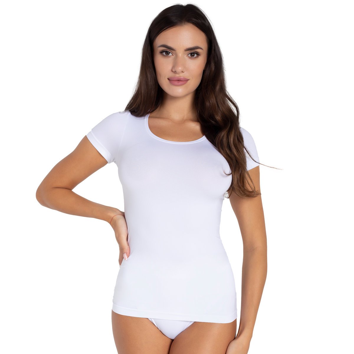 Koszulka-T-shirt damski 60 DEN biały r. M - elegacki, z krótkim rekawem, półokrągłym dekoltem,