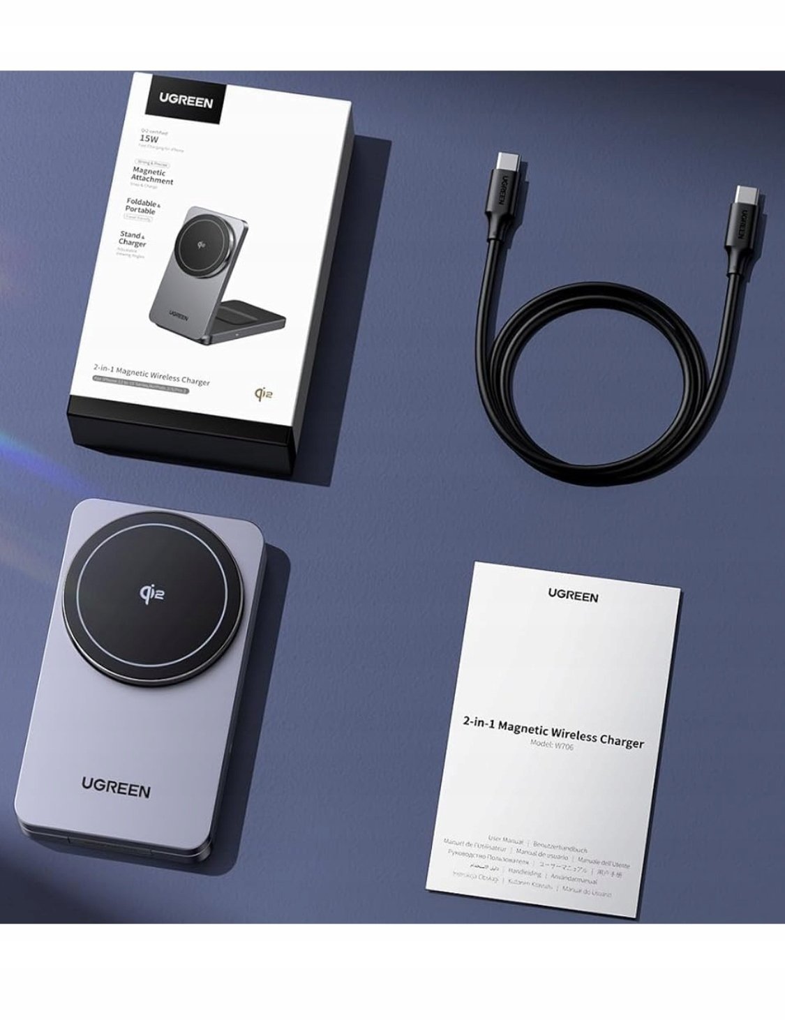 Magnetyczna ładowarka bezprzewodowa 2w1 UGREEN W706 MagSafe 15W czarna UGR5794