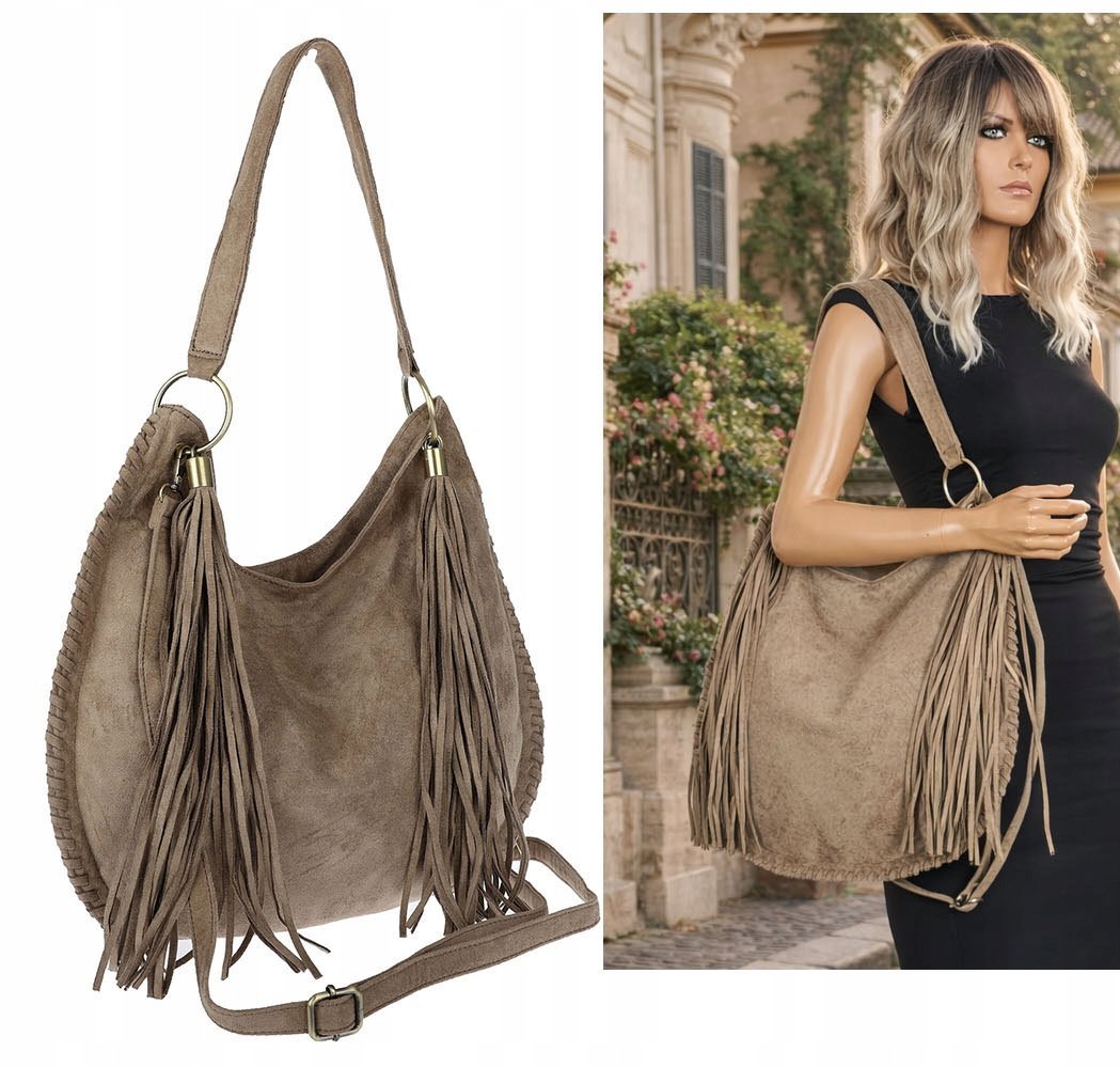 Torebka damska shopper worek zamsz elegancka lekka torba 90517 Brązowa