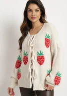 Swetry damskie - Jasnobeżowy Kardigan Wiązany z Domieszką Wełny i Wiskozy Ozdobiony Wzorem w Truskawki Cesiella - miniaturka - grafika 1