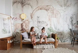 Serengeti Sage Green Tapeta dla dzieci Dżungla Safari z Liśćmi i Zwierzętami - Tapety - miniaturka - grafika 1