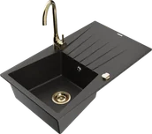 Zlewozmywaki z baterią - Mexen Cesar zlewozmywak granitowy 1-komorowy z ociekaczem i baterią kuchenną Telma, czarny/złoty - 6514-75-670200-50 - miniaturka - grafika 1