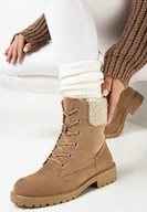 Botki damskie - Brązowe Botki Workery z Kożuszkiem Fredura - Born2be - miniaturka - grafika 1