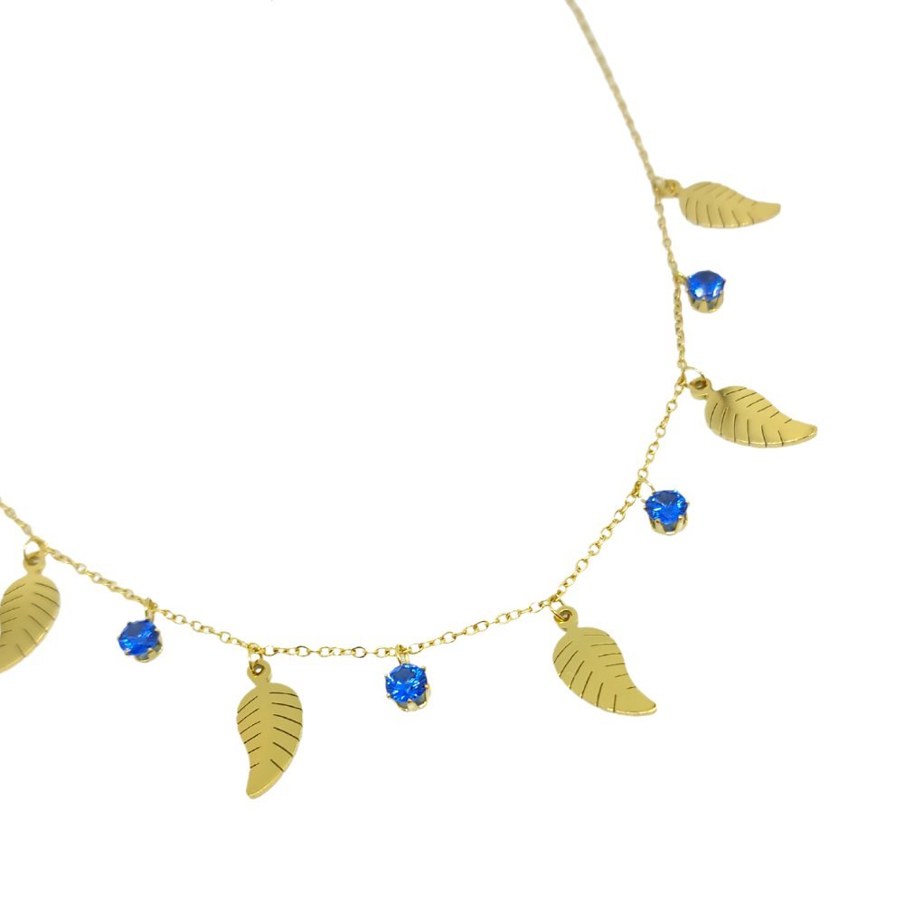 Celebrytka z listkami niebieskimi kryształkami - Stal szlachetna