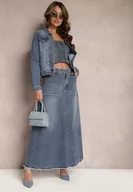 Spódnice - Niebieska Trapezowa Spódnica z Bawełny Jeansowa Ozdobiona Paskiem i Strzępieniami na Dole Meraleo - miniaturka - grafika 1