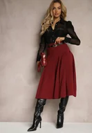 Spódnice - Bordowa Plisowana Spódnica z Wiskozą i Paskiem z Klamrą Delirrea - miniaturka - grafika 1