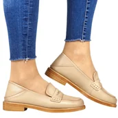 Mokasyny damskie - DAMSKIE SKÓRZANE MOKASYNY Z OZDOBĄ PÓŁBUTY WSUWANE NA PŁASKIEJ PODESZWIE 18100 BEŻOWE LICOWE - VINCEZA - miniaturka - grafika 1