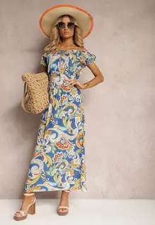 Sukienki - Niebieska Sukienka na Lato z Bawełny w Stylu Boho Hiszpanki Lenadia - grafika 1