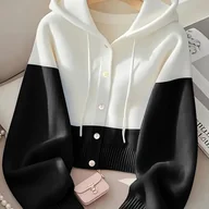 Swetry damskie - TEMU Kardigan z Kapturem dla Kobiet - Elegancki, Luźny Krój w Dwukolorowym Bloku z Kieszeniami na Piersiach, Średnio Elastyczna Warstwa na Każdą Porę - miniaturka - grafika 1