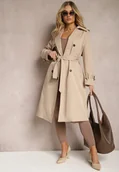 Płaszcze damskie - Beżowy Trencz Płaszcz z Plisami na Tyle Paskiem w Talii i Dwurzędowym Zapięciem Sigin - miniaturka - grafika 1