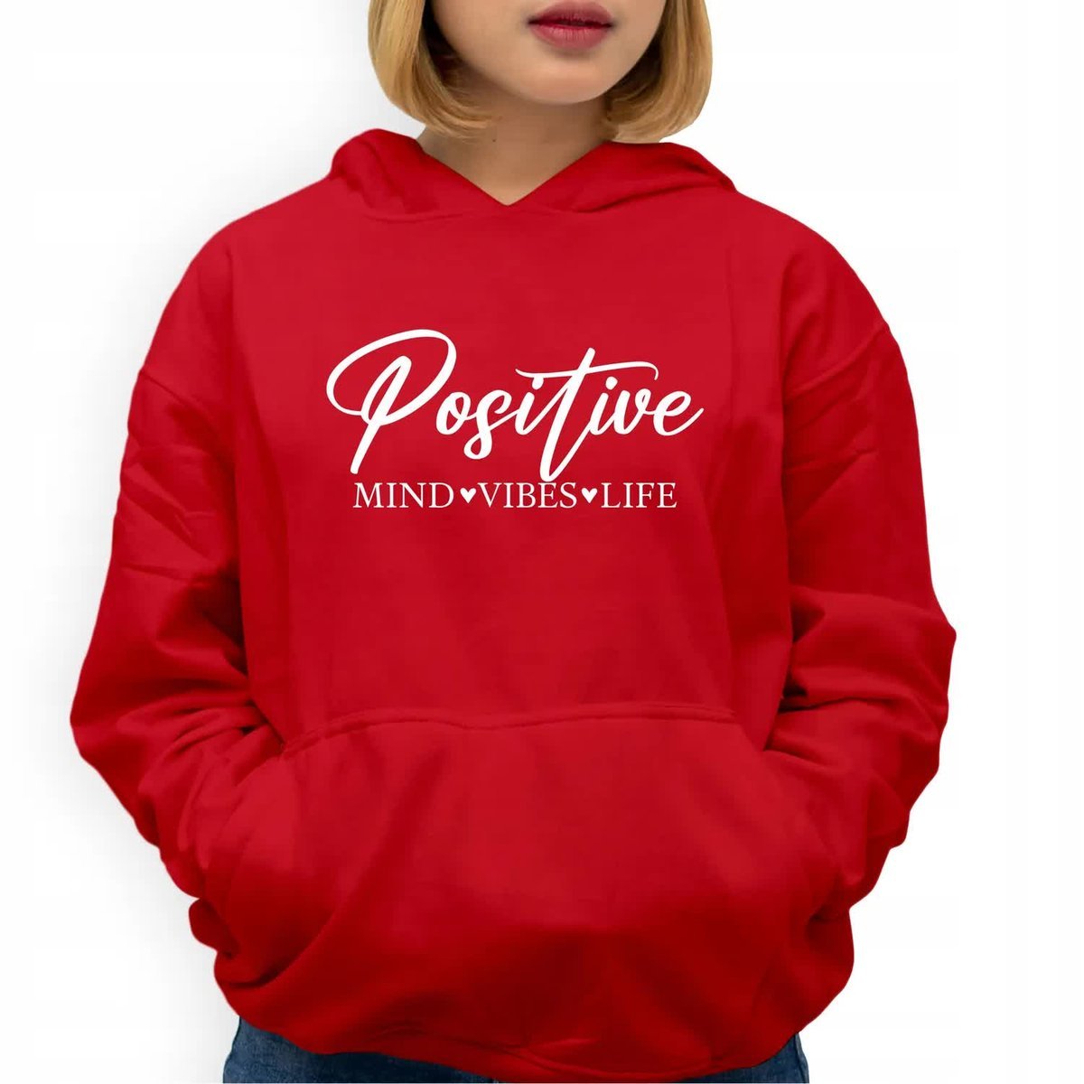 Bluza Damska Czerwona Z Kapturem POSITIVE MIND VIBES Na Prezent Wz Roz L