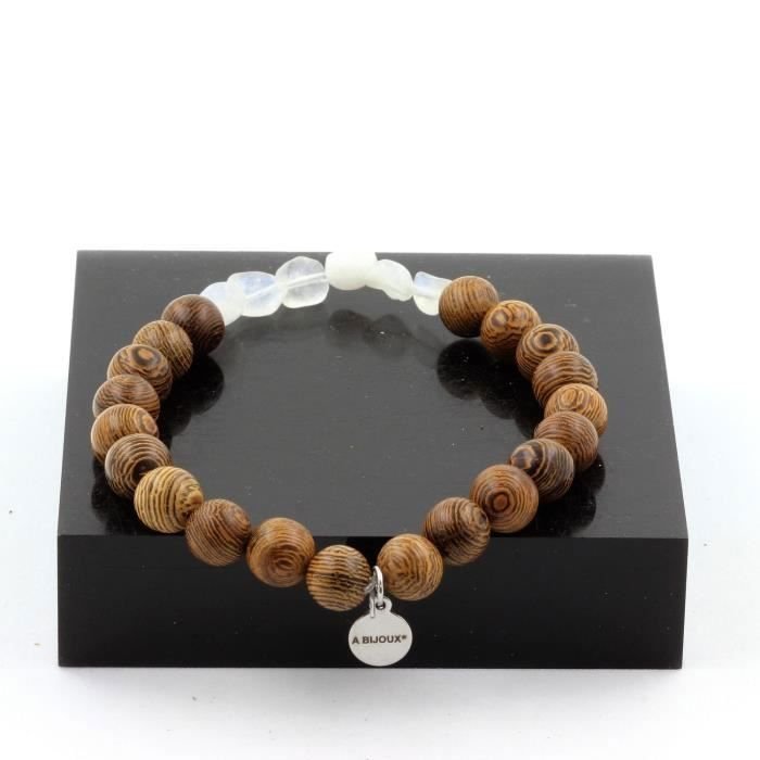 Kamienie i minerały. Indyjska bransoletka z kamieniem księżycowym + drewniane koraliki 8 mm. Wyprodukowano we Francji.