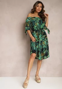 Granatowo-Zielona Sukienka Hiszpanka Bawełniana z Materiałowym Paskiem Wiązana przy Rękawach Daritia - Sukienki - miniaturka - grafika 1