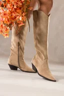 Kozaki damskie - Beżowe kozaki damskie kowbojki z szeroką cholewką na ściętym klocku Casu 0361 - miniaturka - grafika 1