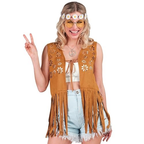 W WIDMANN MILANO Party Fashion - Kostium hippie, kamizelka damska z frędzlami, brązowy, strój festiwalowy