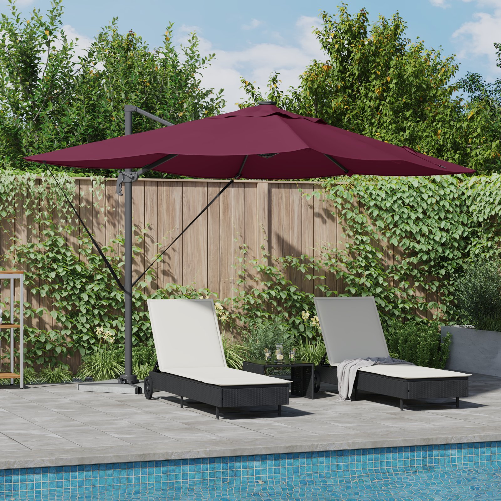 vidaXL Cantilever Roma Parasol with LED Bordeaux Czerwony 352x251x265 cm Aluminium