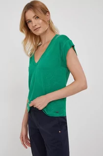 Koszulki i topy damskie - Pepe Jeans t-shirt lniany kolor zielony - grafika 1