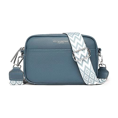 Torba crossbody dla kobiet prawdziwa skóra szeroki pasek torba na ramię torebka modny design aparat crossbody torebka top zamek błyskawiczny, NIEBIESKI, Zachodni