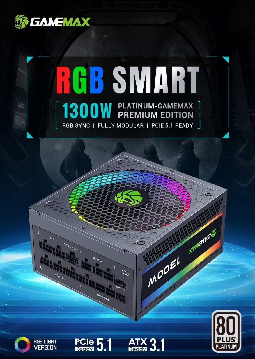 GameMax Power Supply, 80 PLUS, Platinum RGB PRO 1300P 1300 W