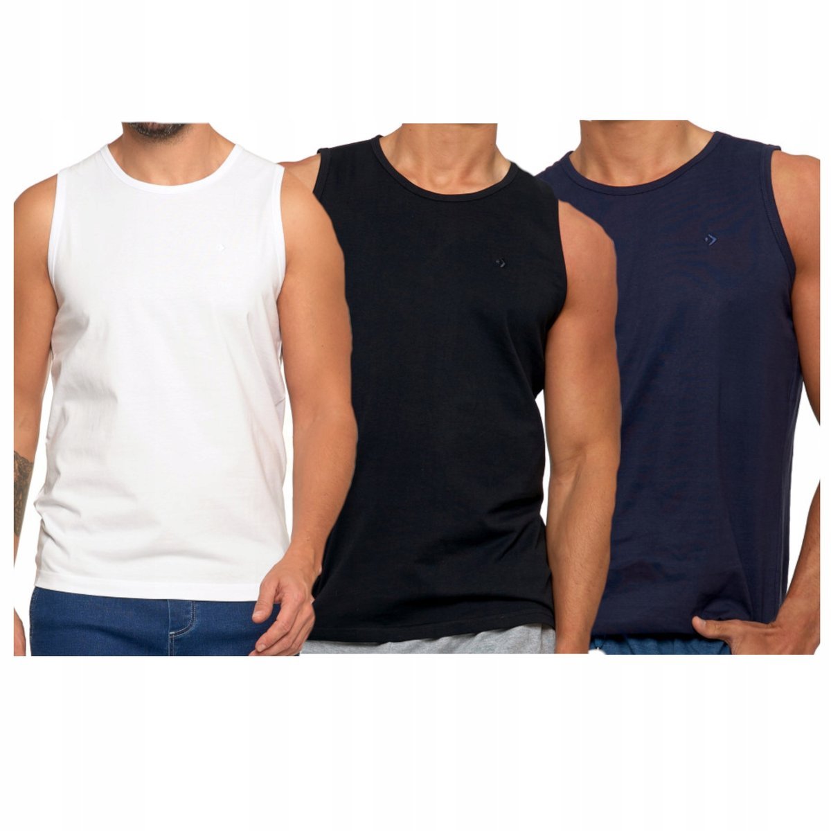 Zestaw 3 męskich topów sportowych bez rękawów - biały czarny granat L