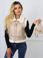 Kamizelki damskie - KRÓTKA KAMIZELKA BEZRĘKAWNIK Z KOŻUSZKIEM- BEŻOWA - Olika - miniaturka - grafika 1