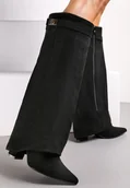 Kozaki damskie - Czarne Kozaki na Słupku z Wywiniętą Cholewką i Klamerką Upaxa - miniaturka - grafika 1