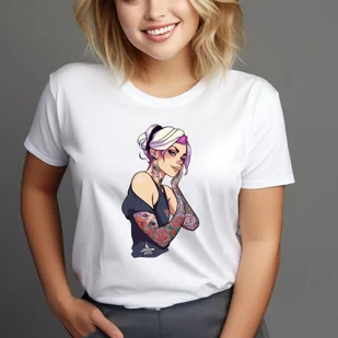 T-Shirt Koszulka biała z nadrukiem Inked Girl art tattoo rozmiar XL tatuaż - Koszulki i topy damskie - miniaturka - grafika 1