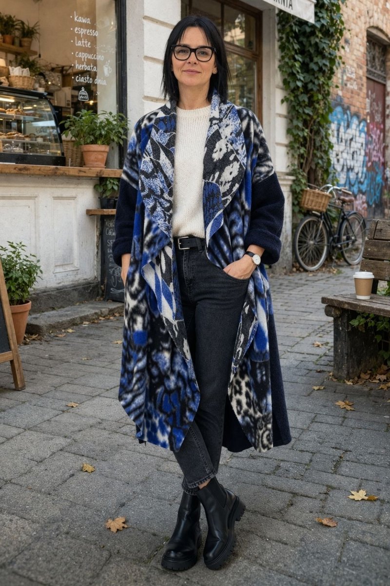 Płaszcz damski wełniany 80% WOOL włoski oversize chabrowy wzór Uni