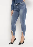 Spodnie damskie - Niebieskie Jeansy Skinny z Koralikami i Rozcięciem na Dole Nogawek Olicema - miniaturka - grafika 1
