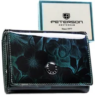 Portfele - Lakierowany elegancki zielony portfel damski ze skóry naturalnej i ekologicznej PETERSON średniej wielkości w kwiaty na karty gotówkę pudełko prezen.. - miniaturka - grafika 1