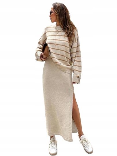 SHEIN SWETER TALL BEŻOWY W PASKI Z GUZIKAMI NA RĘKAWACH L 11LA