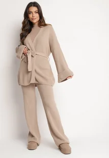 Beżowy Dzianinowy Komplet ze Spodniami z Szeroką Nogawką i Kardiganem z Wiązanym Paskiem Edalinna - Komplety damskie - miniaturka - grafika 1