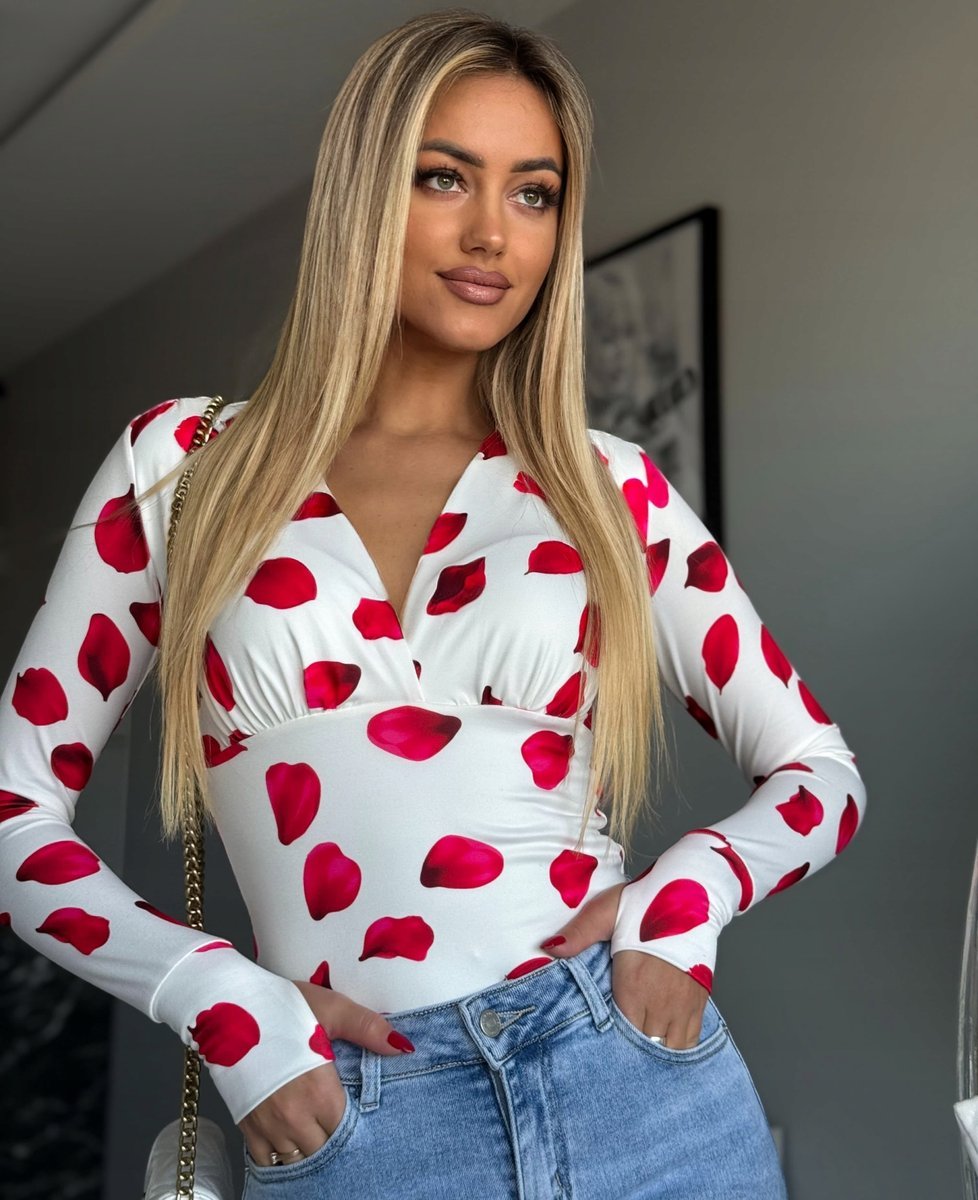 Elegancka Bluzka Marina NOWA KOLEKCJA Nakładany Palec Płatki Róż Wzór L