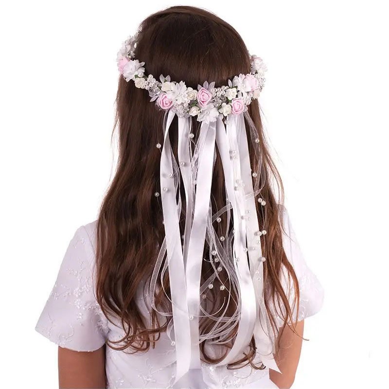 Wianek komunijny biało różowy z perełkami do komunii wianki komunijne komunia WM47-21