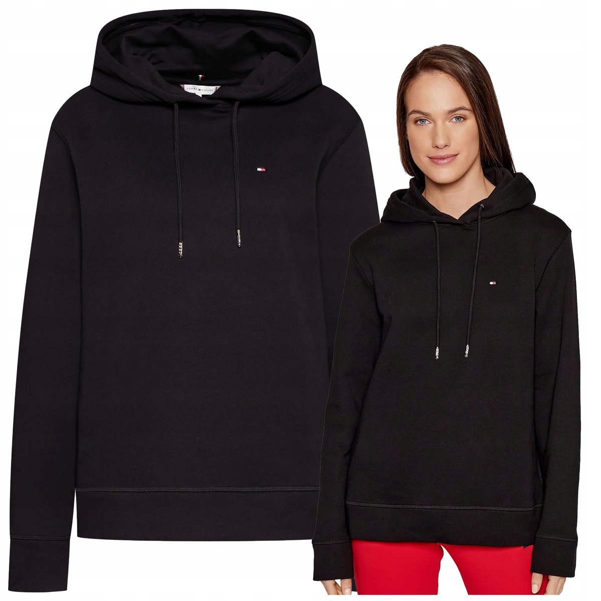 Tommy Hilfiger Czarna Bluza z kapturem Damska Bawełniana Logo Ciepła r.L