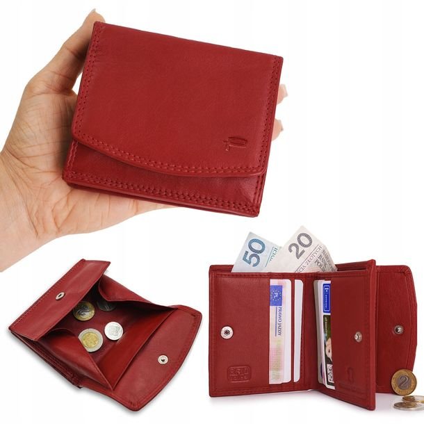 PORTFEL Damski Skórzany Mały, Czerwony z RFID, MINI Ideał Pako Jeans