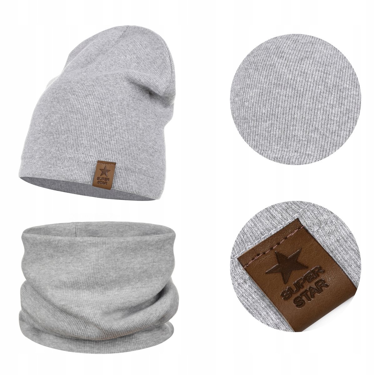 Czapka Komin Komplet Dwuwarstwowy Przejściowy Bawełna Prążek Szary 48-52