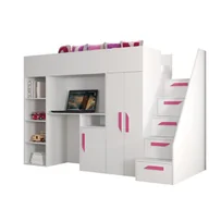 Łóżka dla dzieci i młodzieży - Abiks Łóżko piętrowe Antresola PARTY 14 biały + biały + różowy - miniaturka - grafika 1