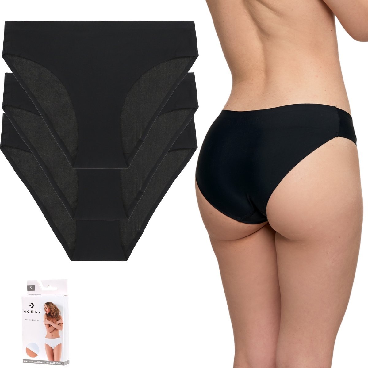 3X MAJTKI DAMSKIE BEZSZWOWE LASEROWO CIĘTE WYGODNE MINI BIKINI MORAJ M BLACK