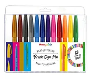 Długopisy - Pentel SES15-12 Brush Sign Pen, sortowanie podstawowe, długopis z włókien, końcówka przypominająca pędzel, 12 sztuk, posortowane kolorystycznie - miniaturka - grafika 1