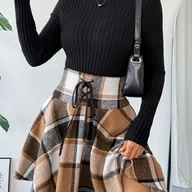 Spódnice - TEMU Elegancka, seksowna spódnica w kratę w stylu vintage z wysokim stanem dla kobiet - rozkloszowany krój A z paskiem w talii i brązowym wzorem - miniaturka - grafika 1
