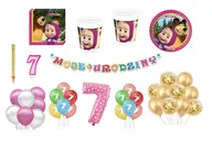 Miseczki i talerzyki dla dzieci - Zestaw Urodzinowy Masza 7 Urodziny Balony Kubki Talerzyki Świeczka Cyfra - miniaturka - grafika 1