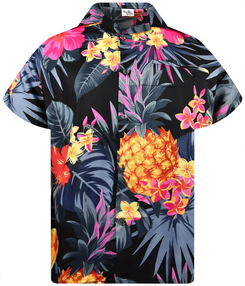 King Kameha Funky męska koszula hawajska z krótkim rękawem, kieszeń przednia, na imprezę, liście palmowe, nadruk ananasa, Ananas-czarno-szary, XS
