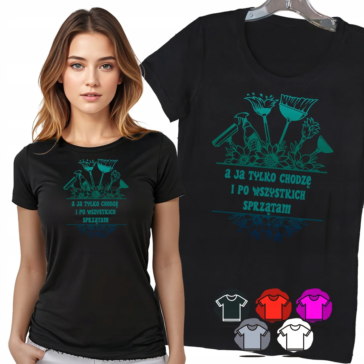 KOSZULKA DAMSKA T-SHIRT - CHODZĘ I PO WSZYSTKICH SPRZĄTAM KWIATY WZÓR - L