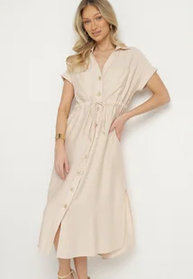 Beżowa Sukienka Koszulowa z Wiskozy Wiązana w Pasie Florazi - Sukienki - miniaturka - grafika 1