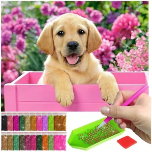 Haft Diamentowy ARTULIO, Obraz DIY 5D, Diamond Painting, Mozaika diamentowa 30x40cm (Radosny labrador w różowym ogrodzie) + zestaw akcesoriów - Malowanie po numerach - miniaturka - grafika 1