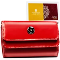 Portfele - Skórzany mały portfel damski na zatrzask PETERSON portmonetka do torebki na karty i gotówkę czerwony elegancki na prezent RFID STOP - miniaturka - grafika 1