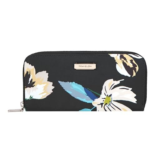 Travelon Portfel z pojedynczym zamkiem błyskawicznym z blokadą RFID, kwiatowy (Midnight Floral), 19 x 10 cm wys. x 2 cm, portfel z pojedynczym zamkiem błyskawicznym blokującym RFID